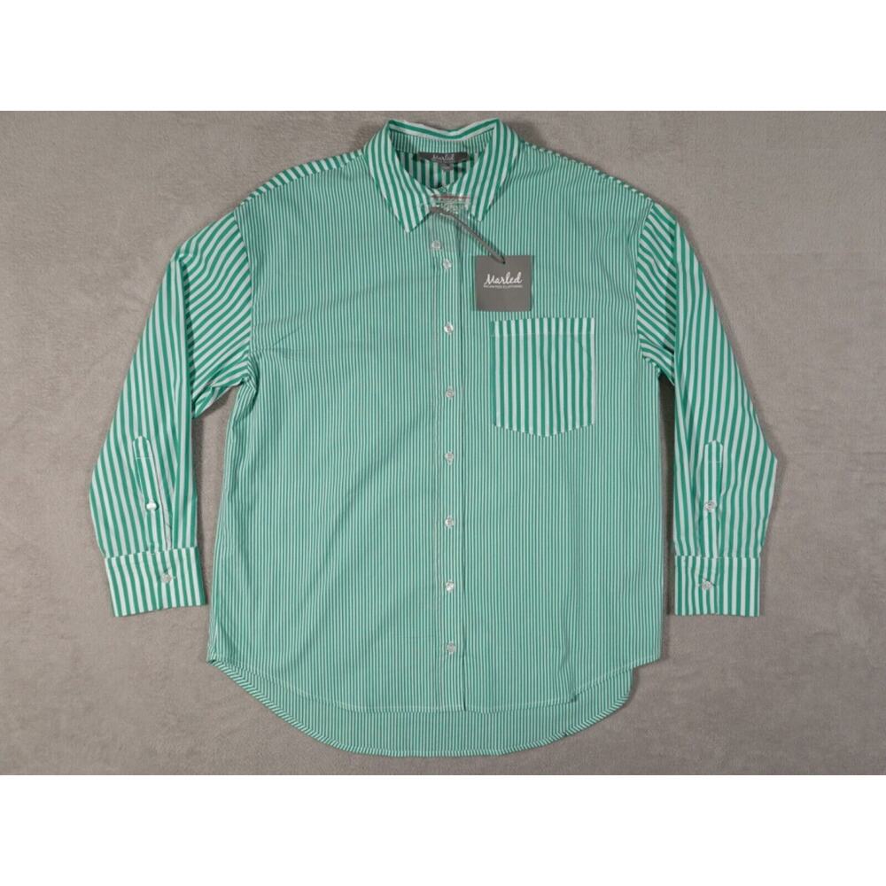 Marled Reunited Clothing Mens Green White Striped Long Sleeve Button Up Size M